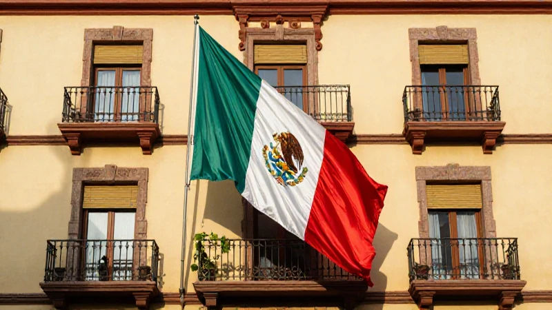Fachada cálida bajo la bandera mexicana.