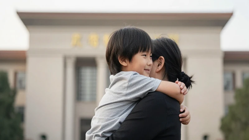 Niño abraza a padre, edificio IMSS al fondo