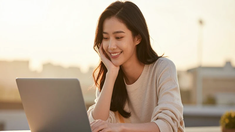 Mujer sonriente, laptop, luz dorada y suave
