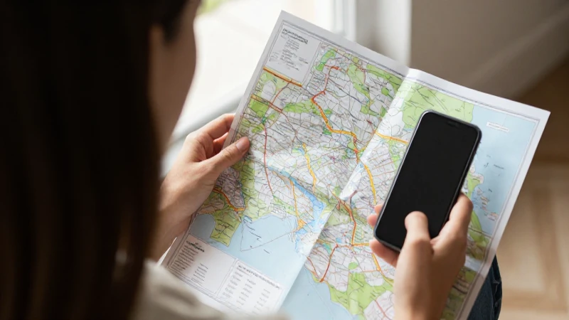 Mujer mira mapa con luz cálida
