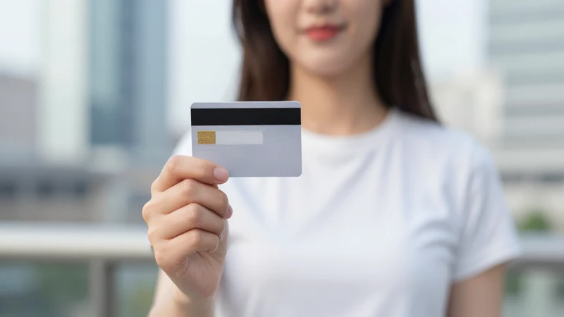 Mujer con tarjeta en entorno urbano