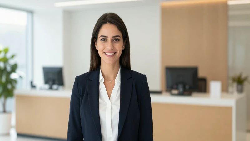 Mujer sonríe en moderno banco iluminado suavemente