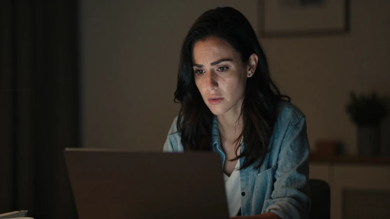 Mujer preocupada frente a una laptop.
