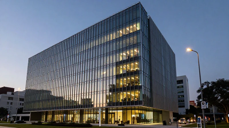 Edificio moderno, luces y Indeval en finanzas.
