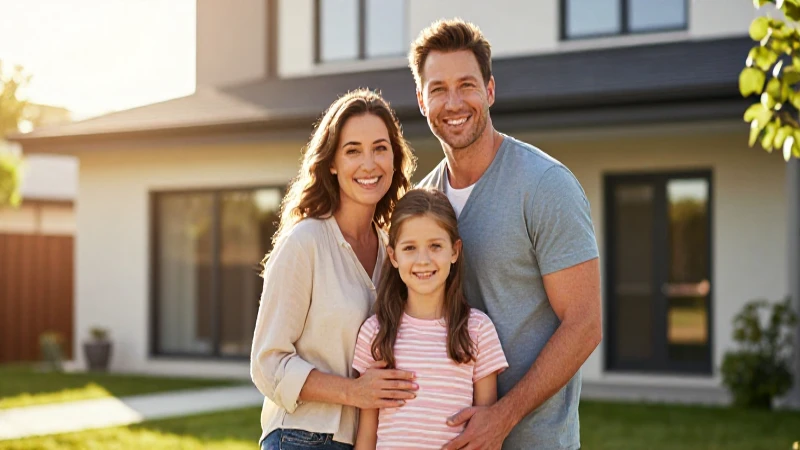 Familia feliz en casa soleada, exterior blando.
