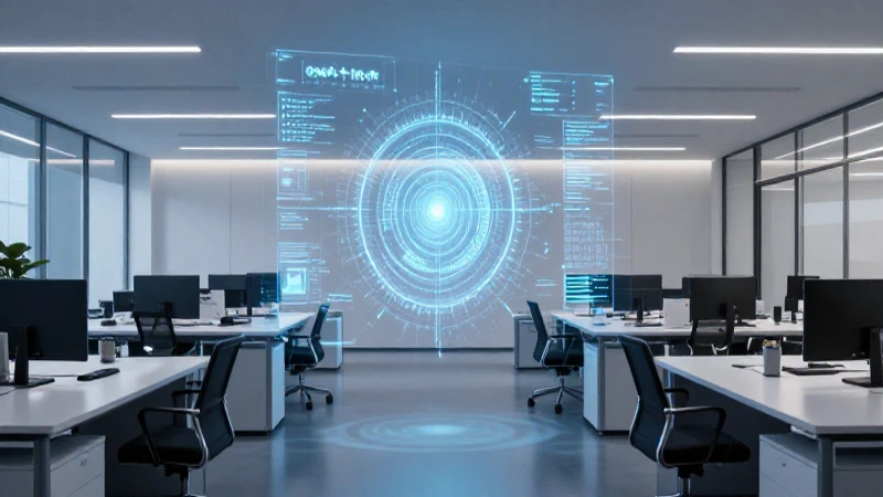 Oficina fintech moderna con proyección holográfica
