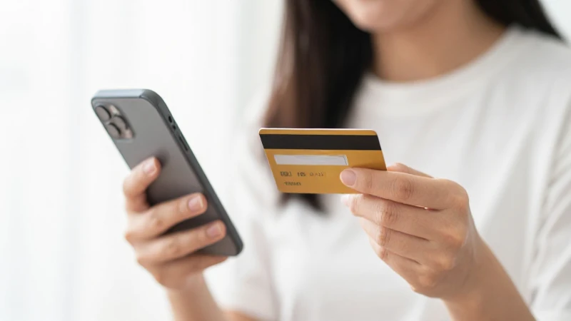 Mujer con smartphone y tarjeta cercana