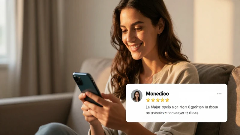Mujer sonriente usa móvil en ambiente cálido.