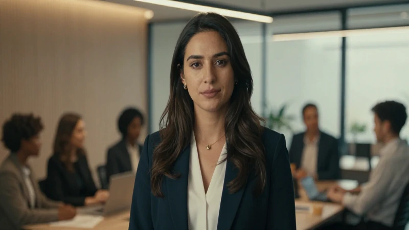Mujer joven supervisa un equipo en oficina moderna.