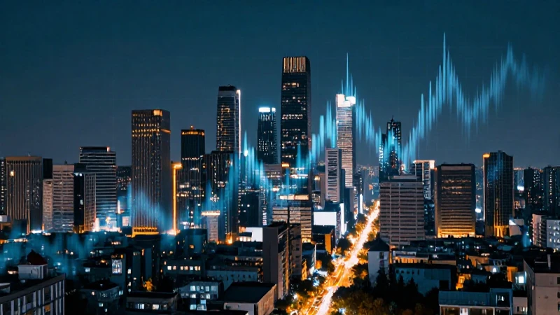 Ciudad moderna iluminada cinematográficamente, con gráfico