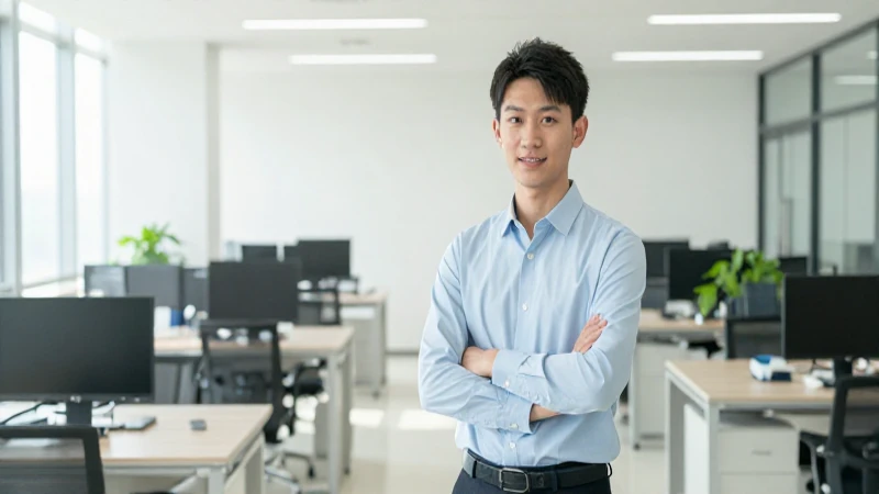 Joven empresario en oficina moderna, luz clara.