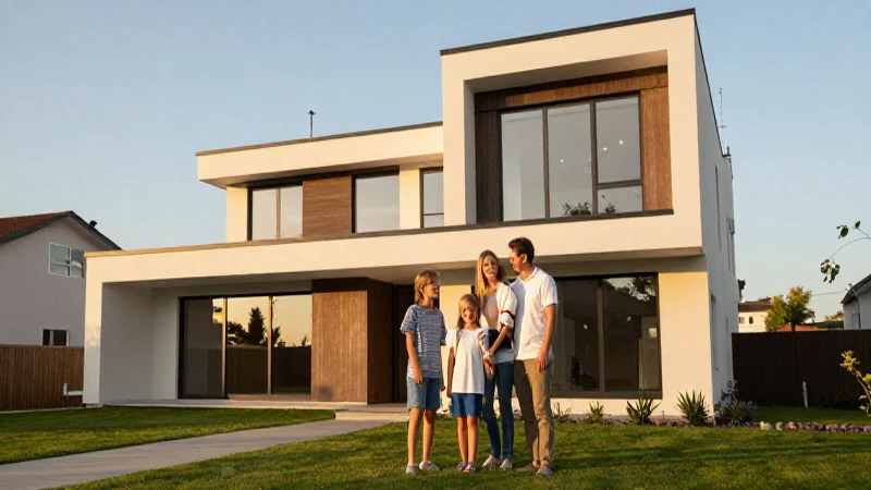 Familia feliz en casa al atardecer