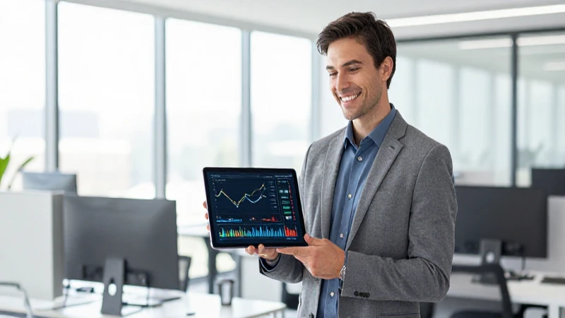 Profesional financiero moderno, oficina iluminada y tablet