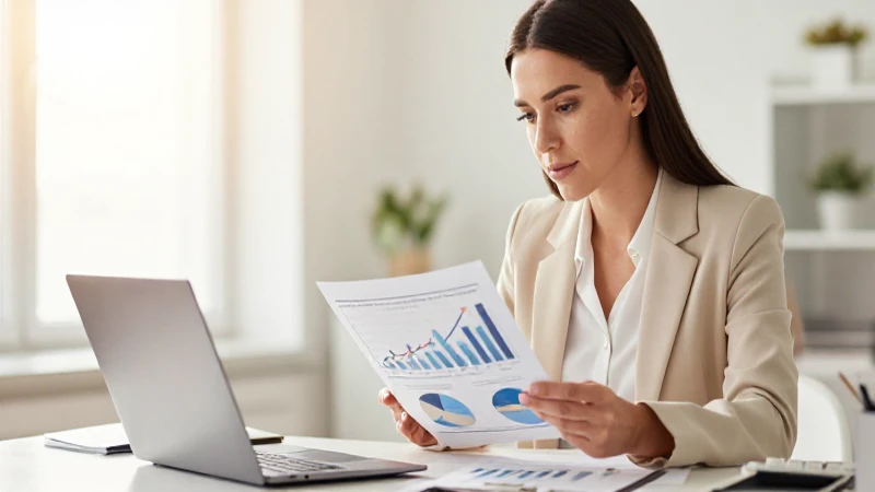 Una mujer revisa datos financieros en la oficina.
