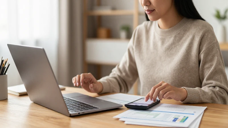Mujer gestiona finanzas desde casa con ordenador