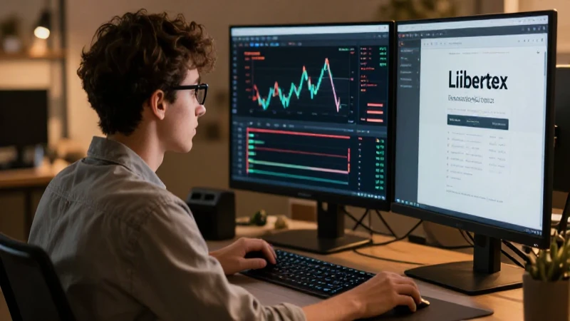 Joven trader invierte con Libertex y pantallas.