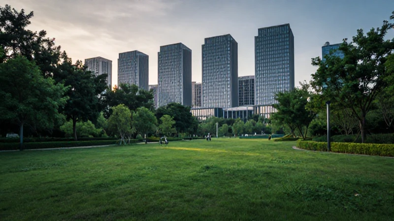 Ciudad moderna, parque verde, luz cinematográfica.