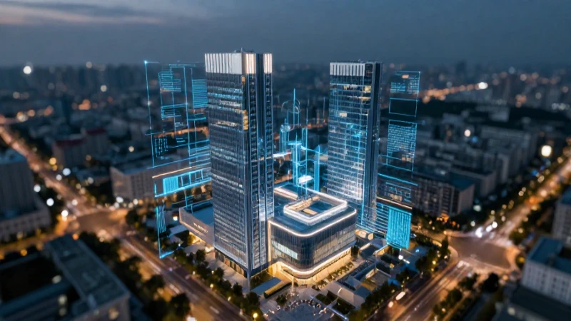 Rascacielos financiero, datos brillantes y vista aérea