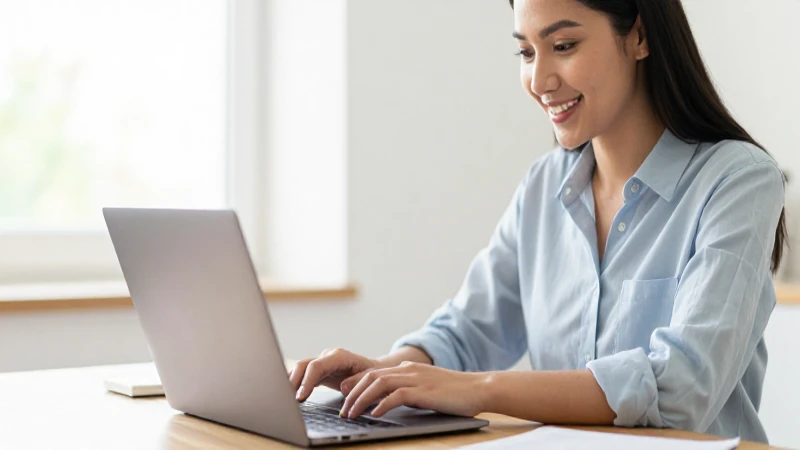 Mujer sonríe con su laptop al día.