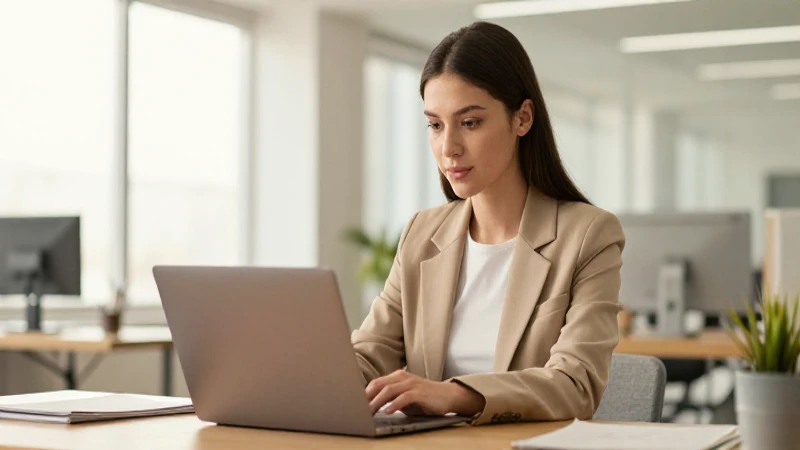 Mujer joven, computadora, oficina moderna y profesional.