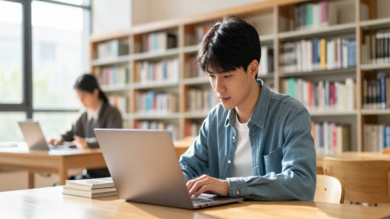 Estudiante estudia en biblioteca, luz cálida.