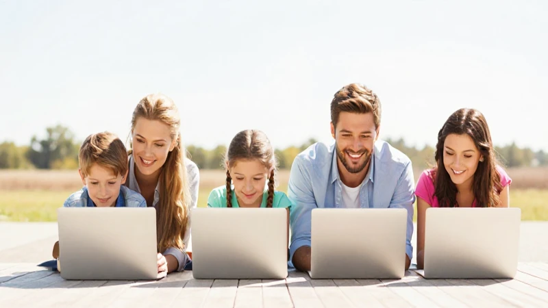 Familia feliz usando computadoras al sol
