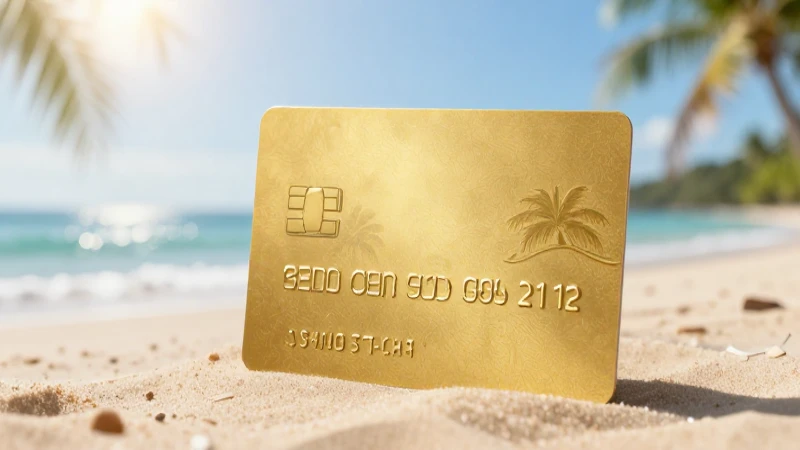 Tarjeta dorada en playa soleada y tropical