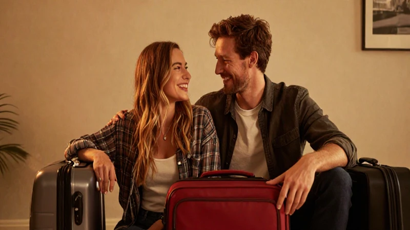Pareja sonriendo con equipaje, ambiente cálido