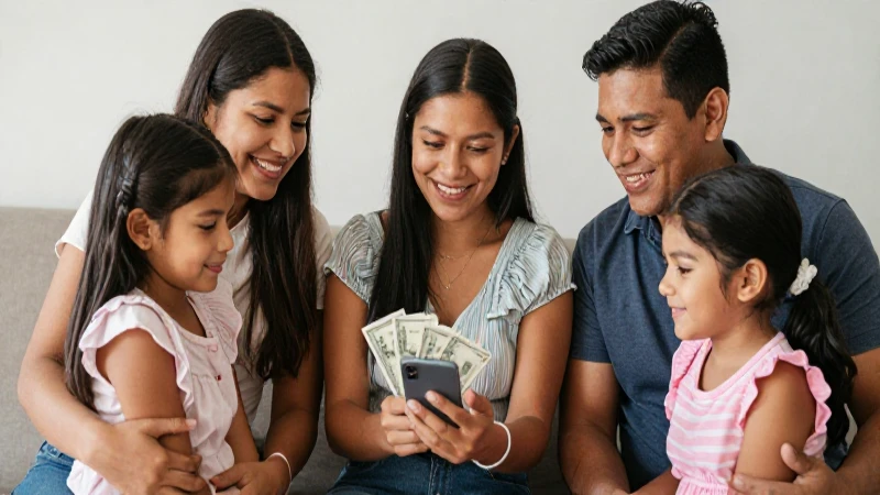 Familia mexicana sonríe enviando dinero por móvil