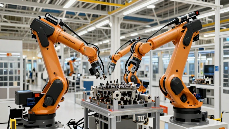 Fábrica moderna, robots y luz volumétrica