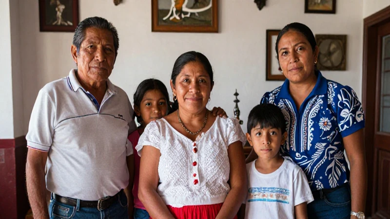 Familia en hogar mexicano bajo luz cálida.