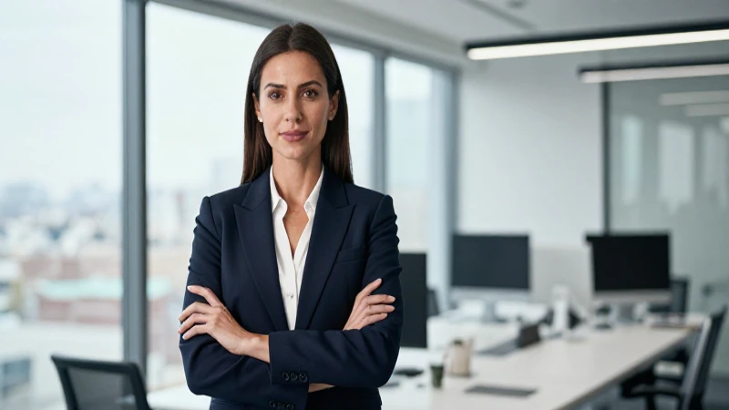 Mujer de negocios, oficina moderna y luz cinematográfica.