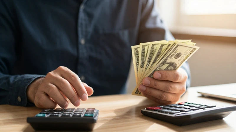 Hombre con dinero y calculadora, luz cálida