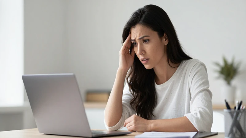 Mujer preocupada, laptop y opiniones financieras.