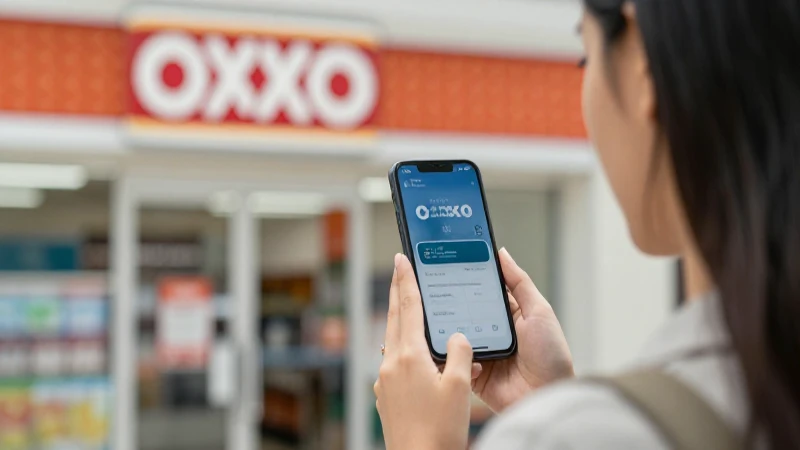 Mujer usa teléfono en tienda OXXO.