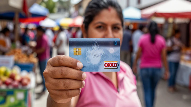 Mujer sostiene Tarjeta OXXO en mercado.