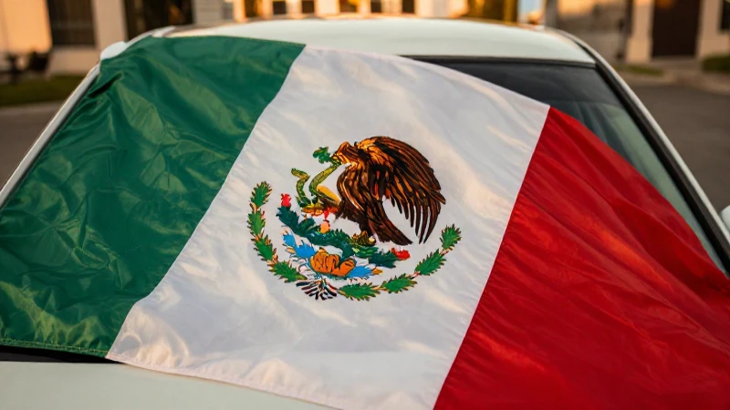 Coche al frente, bandera mexicana vibrante