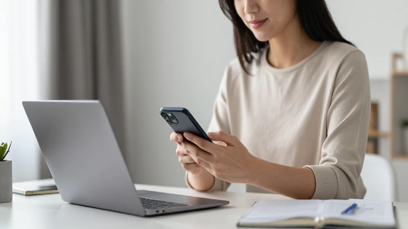 Mujer observa el móvil en oficina moderna