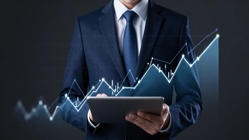 Vendedor formal, datos financieros, luz dramática