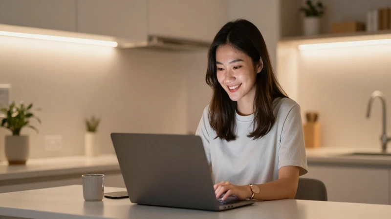 Mujer sonríe con computadora portátil.