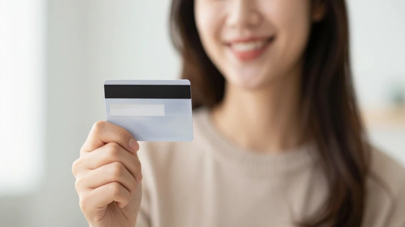 Mujer sonriendo, tarjeta de crédito, luz cálida