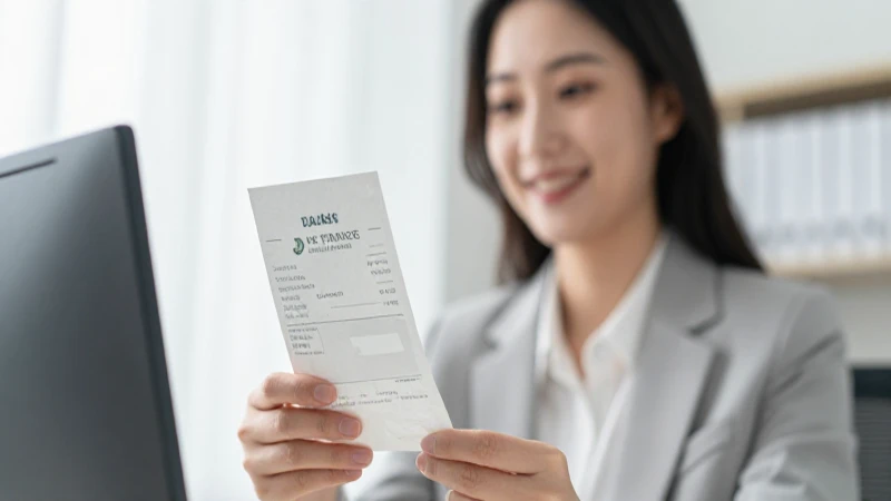 Mujer sonriendo con recibo bancario, suave luz