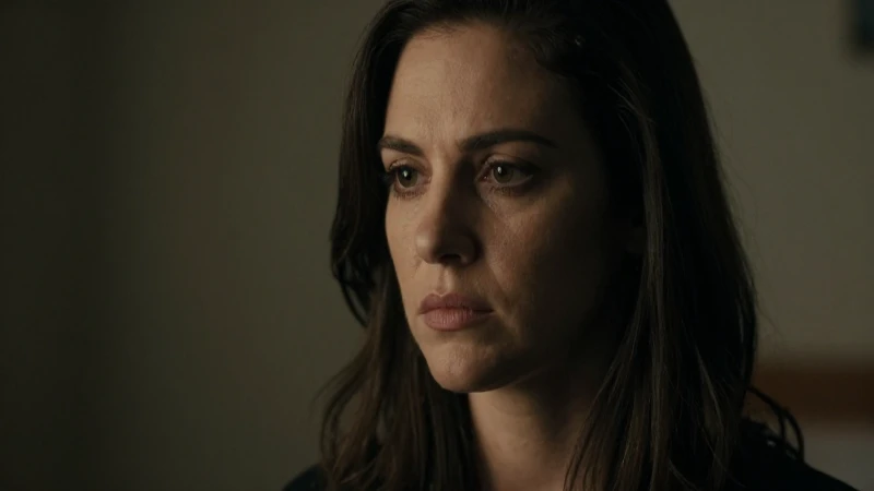 Mujer seria, mirada reflexiva, iluminación cinematográfica.