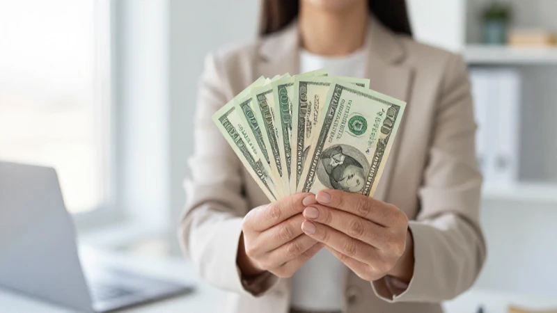 Mujer con dinero en oficina luminosa