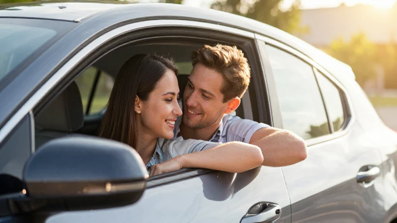 Coche, pareja feliz, luz cálida, estilo de vida.