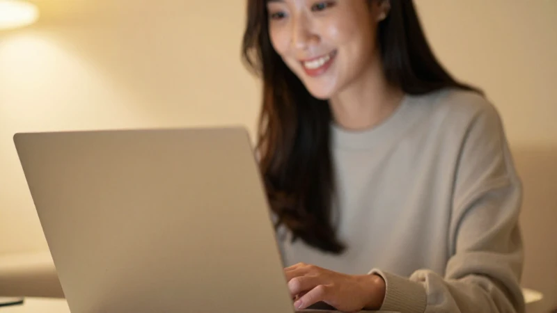 Mujer sonríe con laptop en ambiente cálido