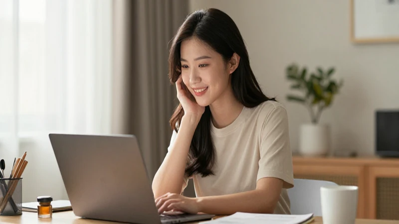 Mujer sonríe, laptop, oficina hogareña cálida