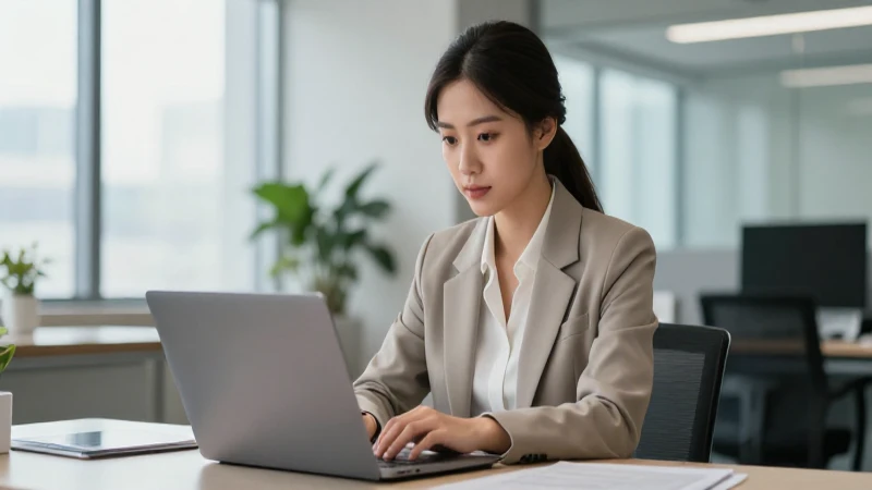 Mujer joven, laptop, oficina moderna