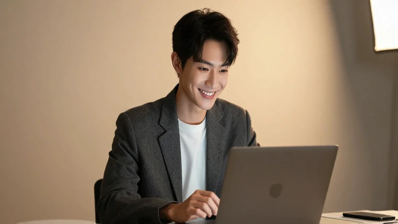 Joven profesional sonríe con su laptop.