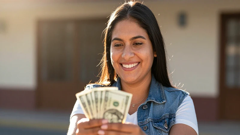 Mujer mexicana sonríe recibiendo dinero al sol